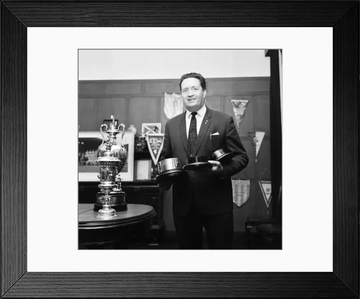 Framed Print : Jock Stein, Manager Celtic Football Club, pictured with trophies, June 1967