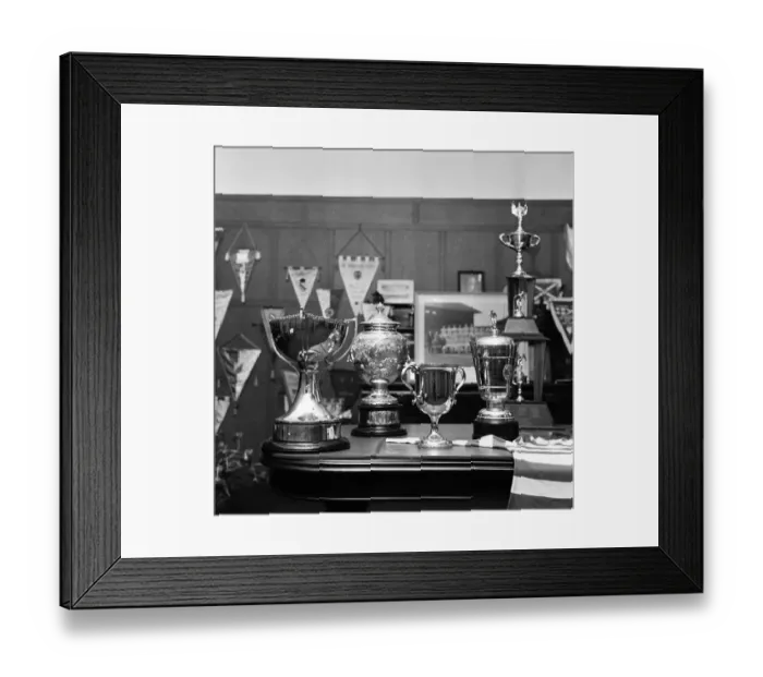 Framed Print : Jock Stein, Manager Celtic Football Club, pictured with trophies, June 1967 Framed Print : Jock Stein, Manager Celtic Football Club, pictured with trophies, June 1967