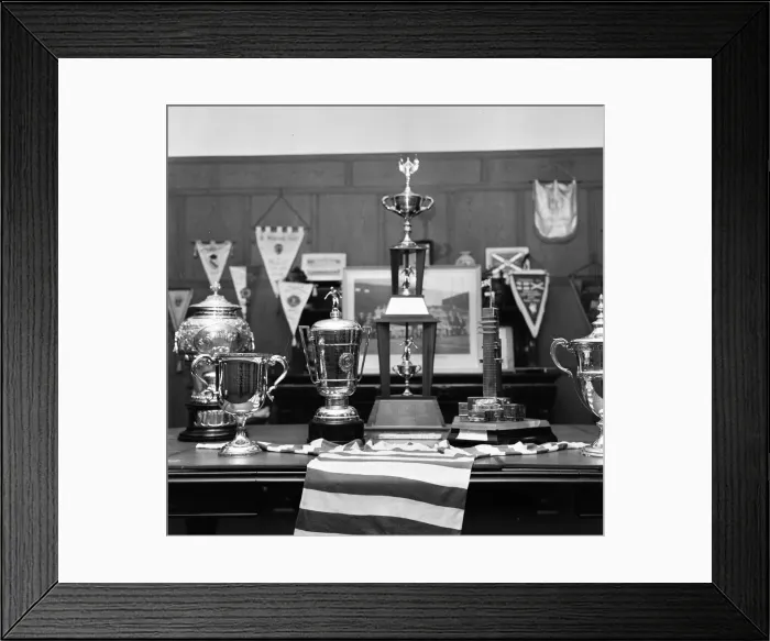 Framed Print : Jock Stein, Manager Celtic Football Club, pictured with trophies, June 1967 Framed Print : Jock Stein, Manager Celtic Football Club, pictured with trophies, June 1967