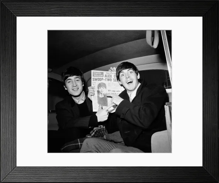 Framed Print : Paul makes the front page, John Lennon & Paul McCartney with copy of Daily Mirror Framed Print : Paul makes the front page, John Lennon & Paul McCartney with copy of Daily Mirror