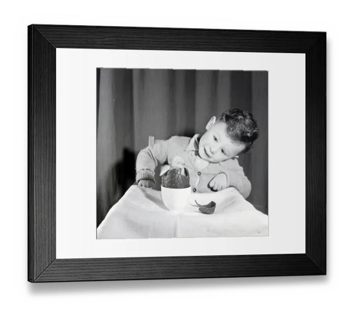 Framed Print : Little boy with chick in chocolate Easter egg. Circa 1960
