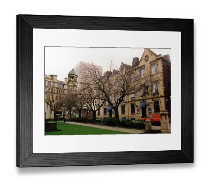 Framed Print : Manchester Cathedral Gardens, 14th February 1995. Manchester Cathedral is a medieval Framed Print : Manchester Cathedral Gardens, 14th February 1995. Manchester Cathedral is a medieval