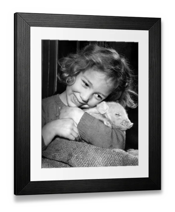 Framed Print : Little girl cuddles a piglet Children with Animals 20  /  01  /  1955