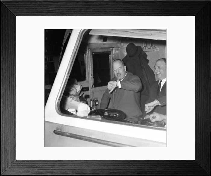 Framed Print : Dr Richard Beeching, Chairman of British Railways, Photo-call taking a ride on a diesel Framed Print : Dr Richard Beeching, Chairman of British Railways, Photo-call taking a ride on a diesel