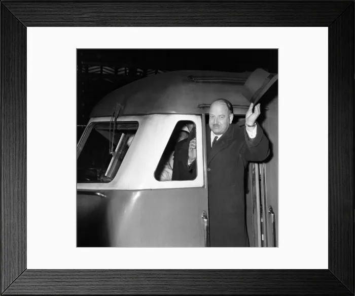Framed Print : Dr Richard Beeching, Chairman of British Railways, Photo-call taking a ride on a diesel