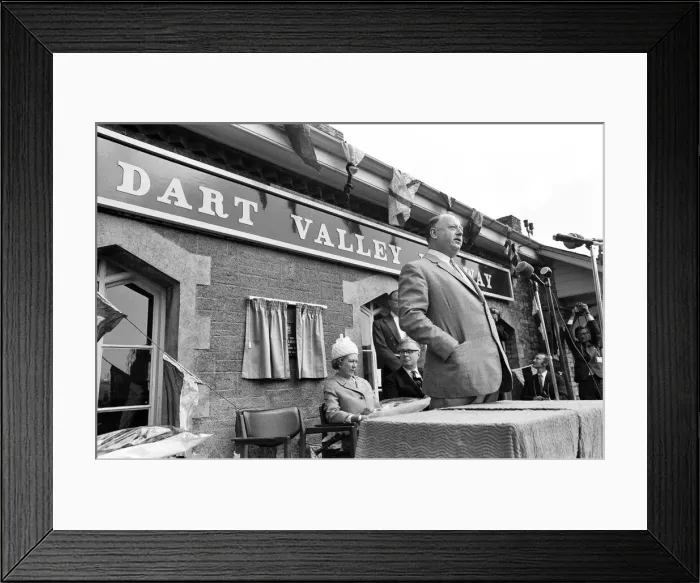 Framed Print : Dr Richard Beeching, Chairman of British Railways, reopens the Dart Valley Railway Framed Print : Dr Richard Beeching, Chairman of British Railways, reopens the Dart Valley Railway