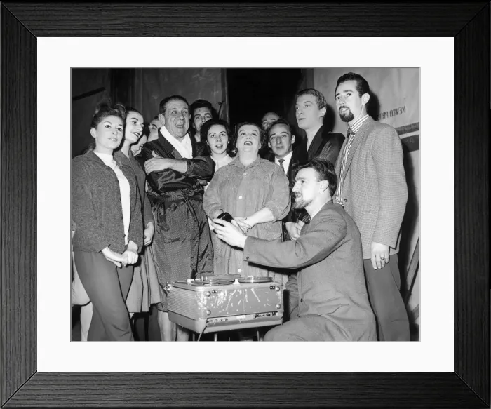 Framed Print : Jimmy Hill of Coventry City seen here with Sid James and the cast of Puss in Boots record Framed Print : Jimmy Hill of Coventry City seen here with Sid James and the cast of Puss in Boots record