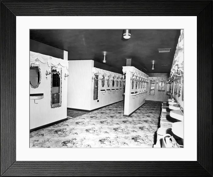 Framed Print : The ladies powder room at the Lacarno Ballroom in Coventry / Each mirror has a bracket Framed Print : The ladies powder room at the Lacarno Ballroom in Coventry / Each mirror has a bracket