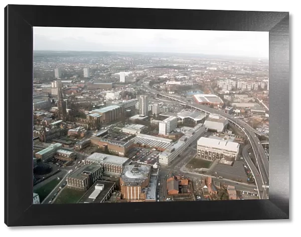 Aerial view of Coventry City centre showing the university, cathedral and ring road