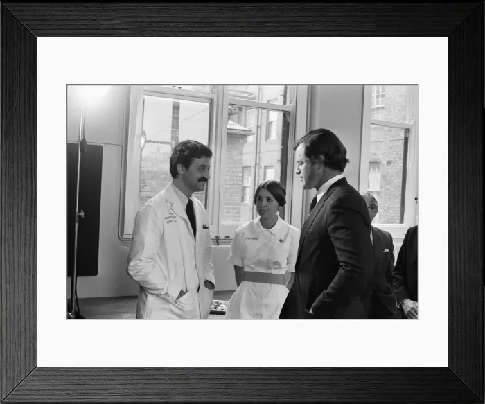 Framed Print : Senator Edward Kennedy seen here speaking to nurse Katherine Delk (centre Framed Print : Senator Edward Kennedy seen here speaking to nurse Katherine Delk (centre