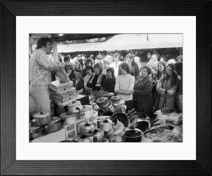 Framed Print : Market trader selling his wares at The Crock Fair on Hearsall Common Framed Print : Market trader selling his wares at The Crock Fair on Hearsall Common