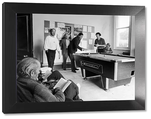 Scenes inside Norton house showing people playing pool in the games room