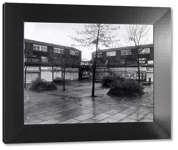A deserted shopping precinct in Harpurey, 11th November 1987