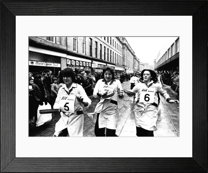 Framed Print : The Shrove Tuesday Jiff Lemons Pancake Race in Clayton Street