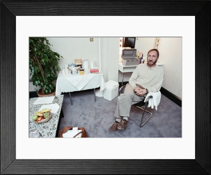 Framed Print : Pete Townshend of British rock group The Who backstage before at the Birmingham NEC Arena Framed Print : Pete Townshend of British rock group The Who backstage before at the Birmingham NEC Arena