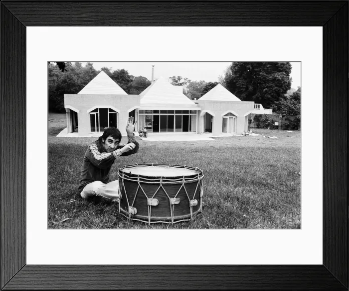 Framed Print : Keith Moon, drummer of The Who rock group, pictured at his new £60 Framed Print : Keith Moon, drummer of The Who rock group, pictured at his new £60