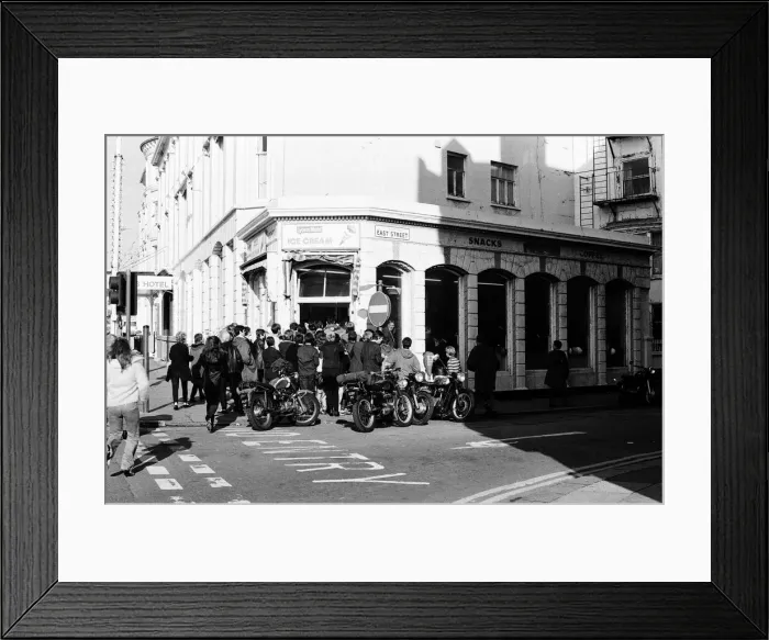 Framed Print : Filming of Quadrophenia in Brighton, based on the Mods and Rocker battles of the mid Framed Print : Filming of Quadrophenia in Brighton, based on the Mods and Rocker battles of the mid