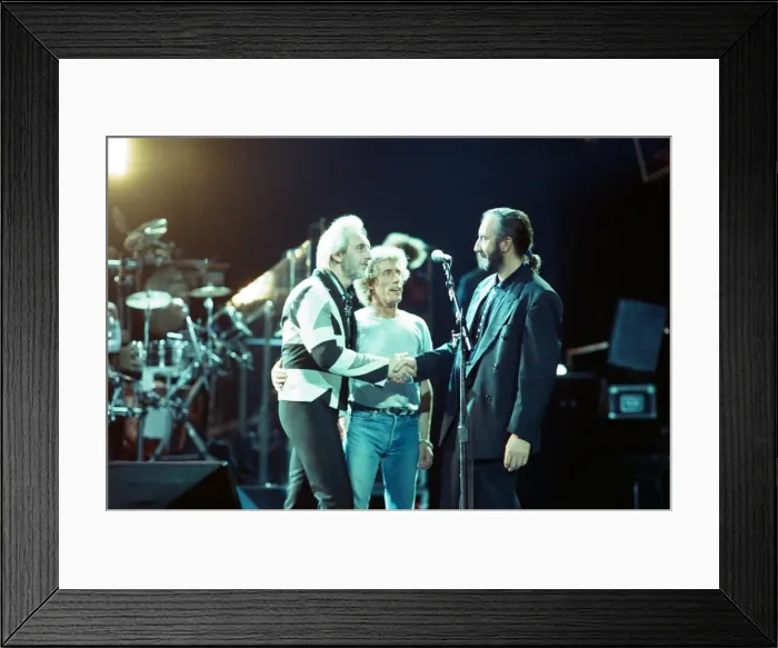 Framed Print : The Who rock group performing on stage in America during their reunion tour in