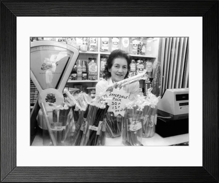 Framed Print : Television programme - Marjorie Sayer who runs the Post Office and shop in Esholt Framed Print : Television programme - Marjorie Sayer who runs the Post Office and shop in Esholt
