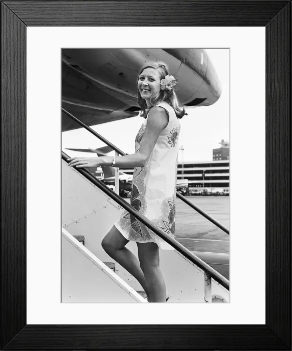 Framed Print : BOCA girl modelling a paper uniform, the aircraft is a Vickers VC10 Framed Print : BOCA girl modelling a paper uniform, the aircraft is a Vickers VC10
