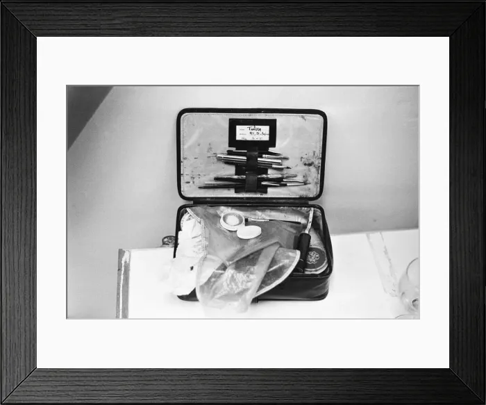 Framed Print : An air Stewardesses make-up bag. 13th February 1967