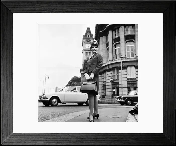 Framed Print : Woman modelling new BEA air stewardess uniform. 1st April 1968