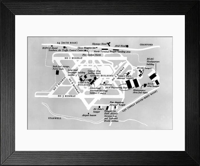 Framed Print : Illustration of London Airports longest runway No. 5 measuring 3, 733 yards