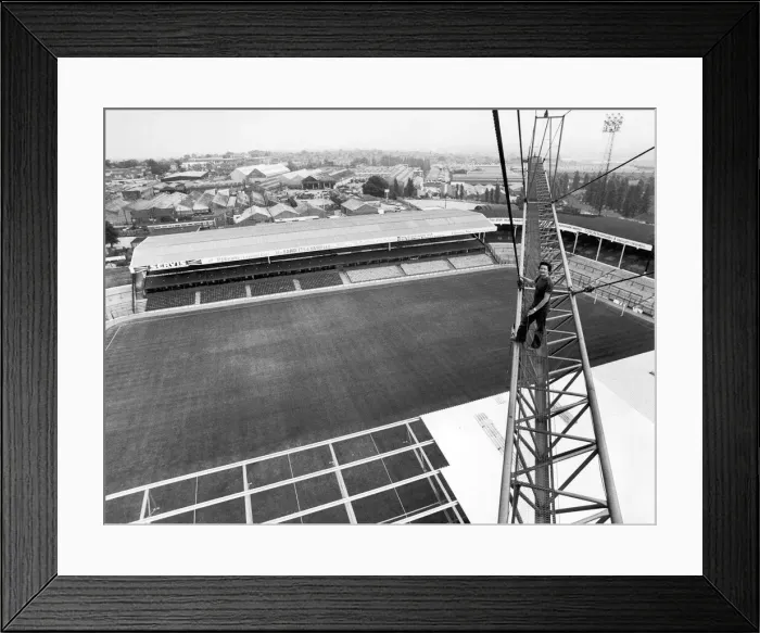 Framed Print : Crane operator Ray Flipper pictured on the jib above the Hawthorns Framed Print : Crane operator Ray Flipper pictured on the jib above the Hawthorns
