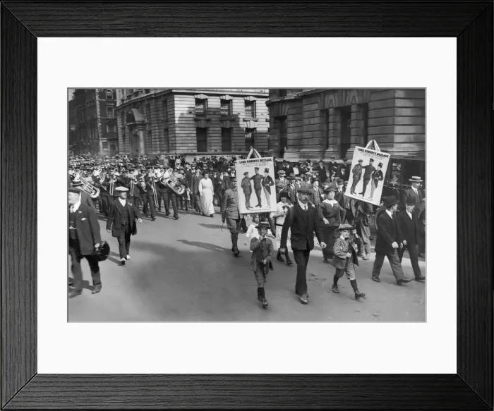 Framed Print : Two small boys carrying banners with the message from Lord Roberts Framed Print : Two small boys carrying banners with the message from Lord Roberts