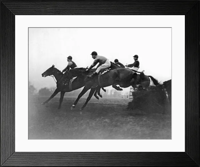 Framed Print : Horseracing action in the Mill Hurdle Race at Windsor. He Will on the way to Framed Print : Horseracing action in the Mill Hurdle Race at Windsor. He Will on the way to