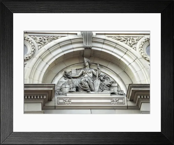 Framed Print : Close up of the portico on the facade of the Free Trade Hall building in Peter Street