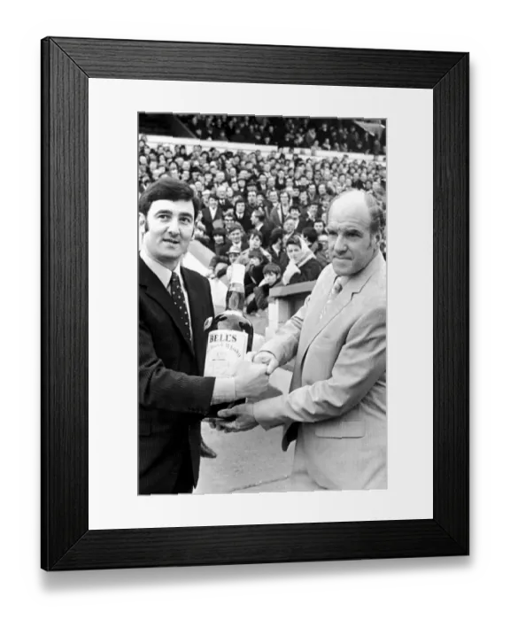 Framed Print : Cardiff City manager Jimmy Scoular receives a gallon bottle of Bells Whisky as manager of Framed Print : Cardiff City manager Jimmy Scoular receives a gallon bottle of Bells Whisky as manager of