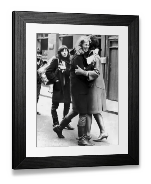 Framed Print : Beatles Fans, two girls hug each other, and one weeps with joy Framed Print : Beatles Fans, two girls hug each other, and one weeps with joy
