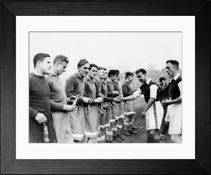 Framed Print : Cardiff City players present the Dynamo Moscow players with miner Framed Print : Cardiff City players present the Dynamo Moscow players with miner