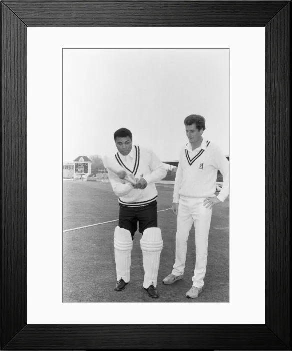 Framed Print : Bob Willis gives Muhammad Ali some batting lesson s Framed Print : Bob Willis gives Muhammad Ali some batting lesson s