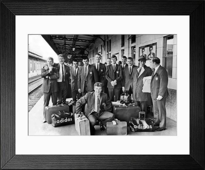 Framed Print : Cardiff City players pictured at Cardiff General Railway Station as they left for their Framed Print : Cardiff City players pictured at Cardiff General Railway Station as they left for their