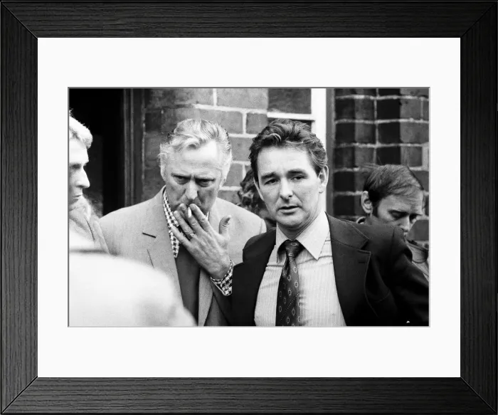 Framed Print : Manager Brian Clough and assistant Peter Taylor leaving Derby County after a meeting with
