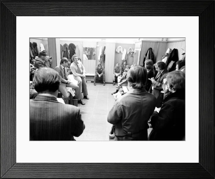 Framed Print : Derby manager Dave Mackay holds a dressing-room meeting with his players soon after