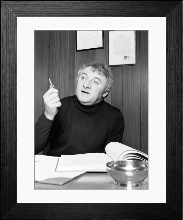 Framed Print : Derby County manager Tommy Docherty in his office at the Baseball Ground 12th