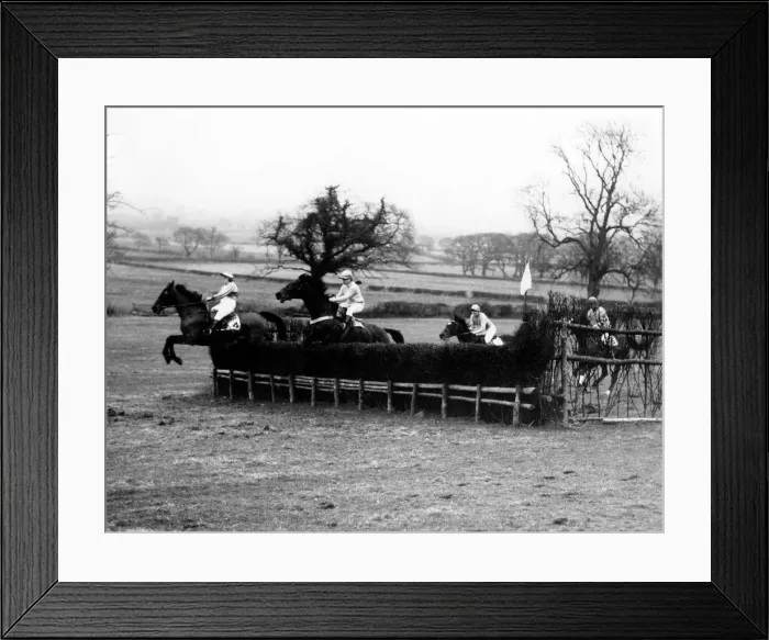 Framed Print : Horse Racing - Point-To-Point - Up and over the riders in the Ladies Steeplechase race Framed Print : Horse Racing - Point-To-Point - Up and over the riders in the Ladies Steeplechase race