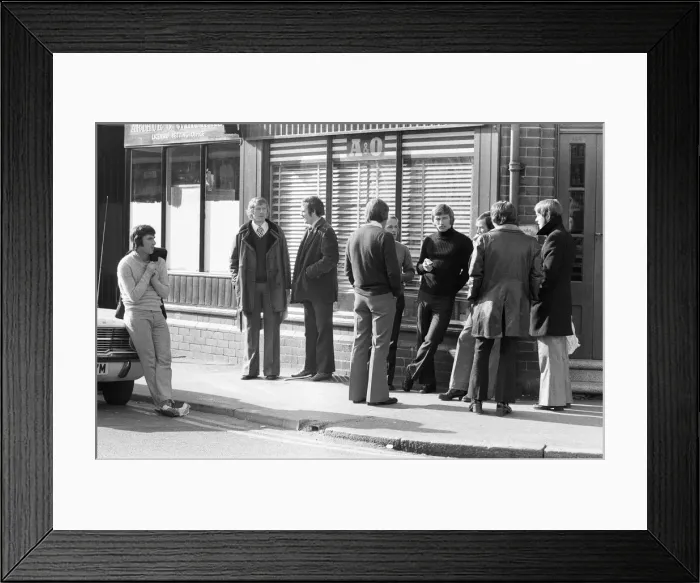Framed Print : Derby County players leaving the Baseball Ground at lunch time after holding a meeting