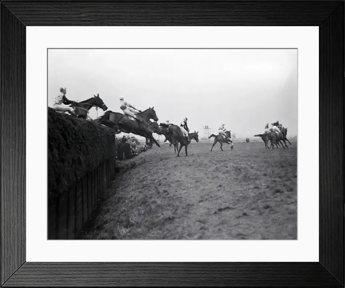 Framed Print : The Grand National 1949. Winner Russian hero'leads over Bechers Brook Framed Print : The Grand National 1949. Winner Russian hero'leads over Bechers Brook