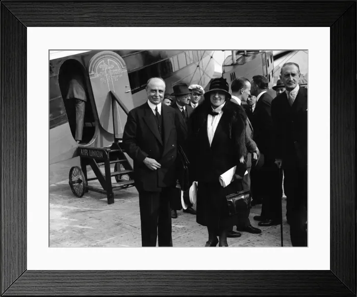 Framed Print : French aviator Louis Bleriot arrives at Croydon airport with his wife for twenty year Framed Print : French aviator Louis Bleriot arrives at Croydon airport with his wife for twenty year