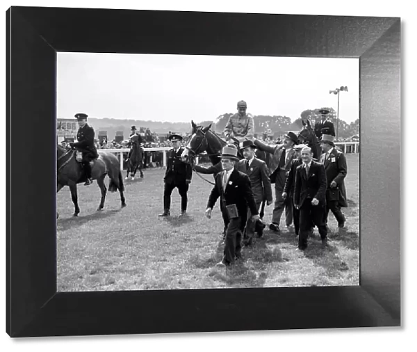 Gordon Richards is led in on Pinza after winning the Epsom Derby. 6th April 1953