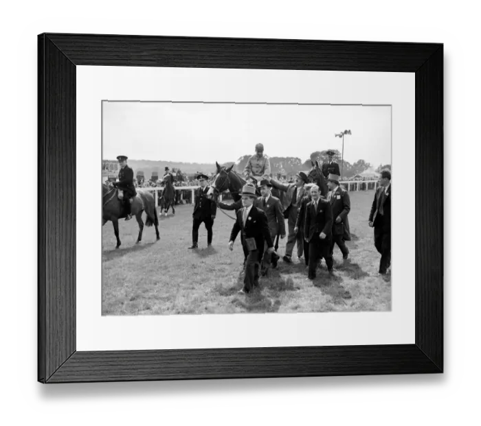Framed Print : Gordon Richards is led in on Pinza after winning the Epsom Derby. 6th April 1953