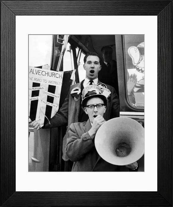 Framed Print : A happy group of Alvechurch supporters on their way to Stamford Bridge for their team