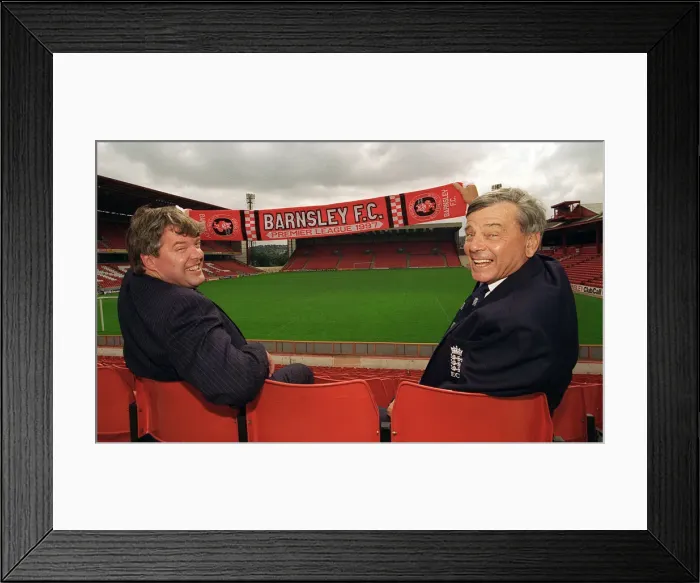 Framed Print : Cricket umpire Dickie Bird celebrates the arrival of his hometown club Barnsley in