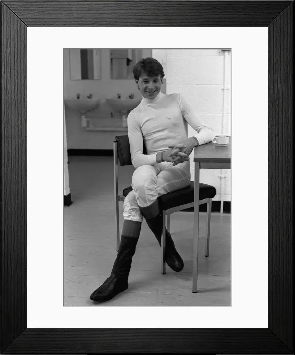 Framed Print : American jockey Steve Cauthen takes a break before racing at Kempton Park Framed Print : American jockey Steve Cauthen takes a break before racing at Kempton Park