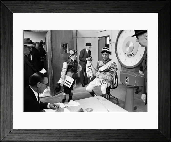 Framed Print : Jockey Arthur Scobie'Breasley, weighs in at Epsom withs Millbank Framed Print : Jockey Arthur Scobie'Breasley, weighs in at Epsom withs Millbank