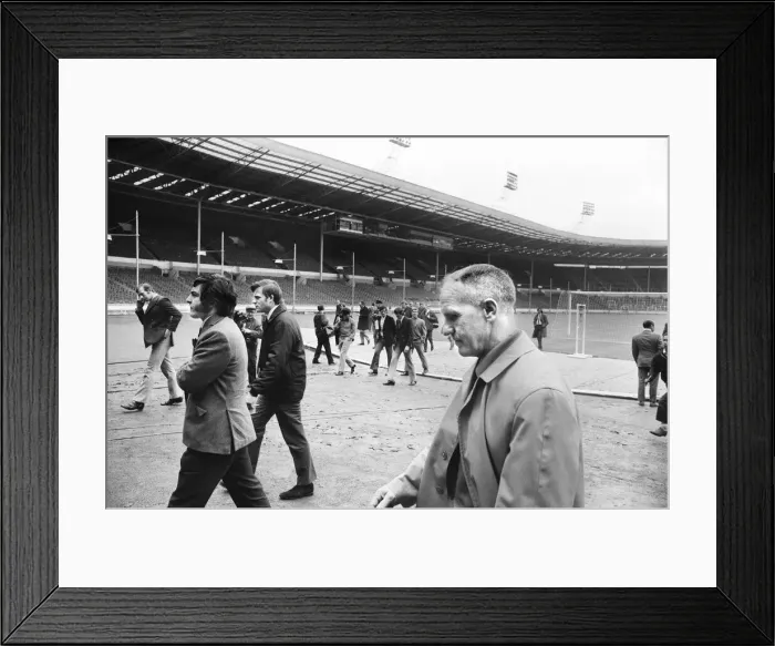Framed Print : Liverpool manager Bill Shankly at Wembley Stadium to inspect the pitch ahead of his Framed Print : Liverpool manager Bill Shankly at Wembley Stadium to inspect the pitch ahead of his